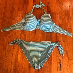 Swimsuits For All Turquoise and White Striped Tie-Side Bikini